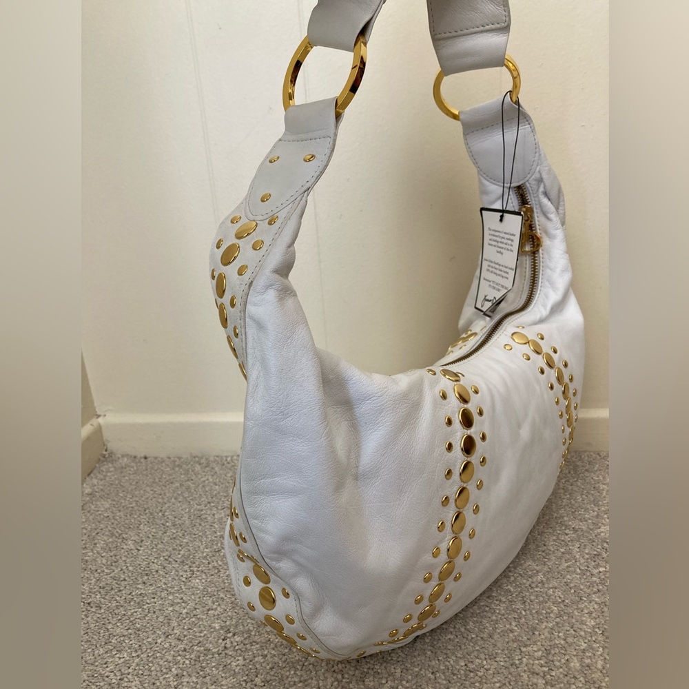NWT ✨ Y2K Junior Drake White Leather Gold Studded Hobo Handbag Purse Bag - Picture 5 of 15